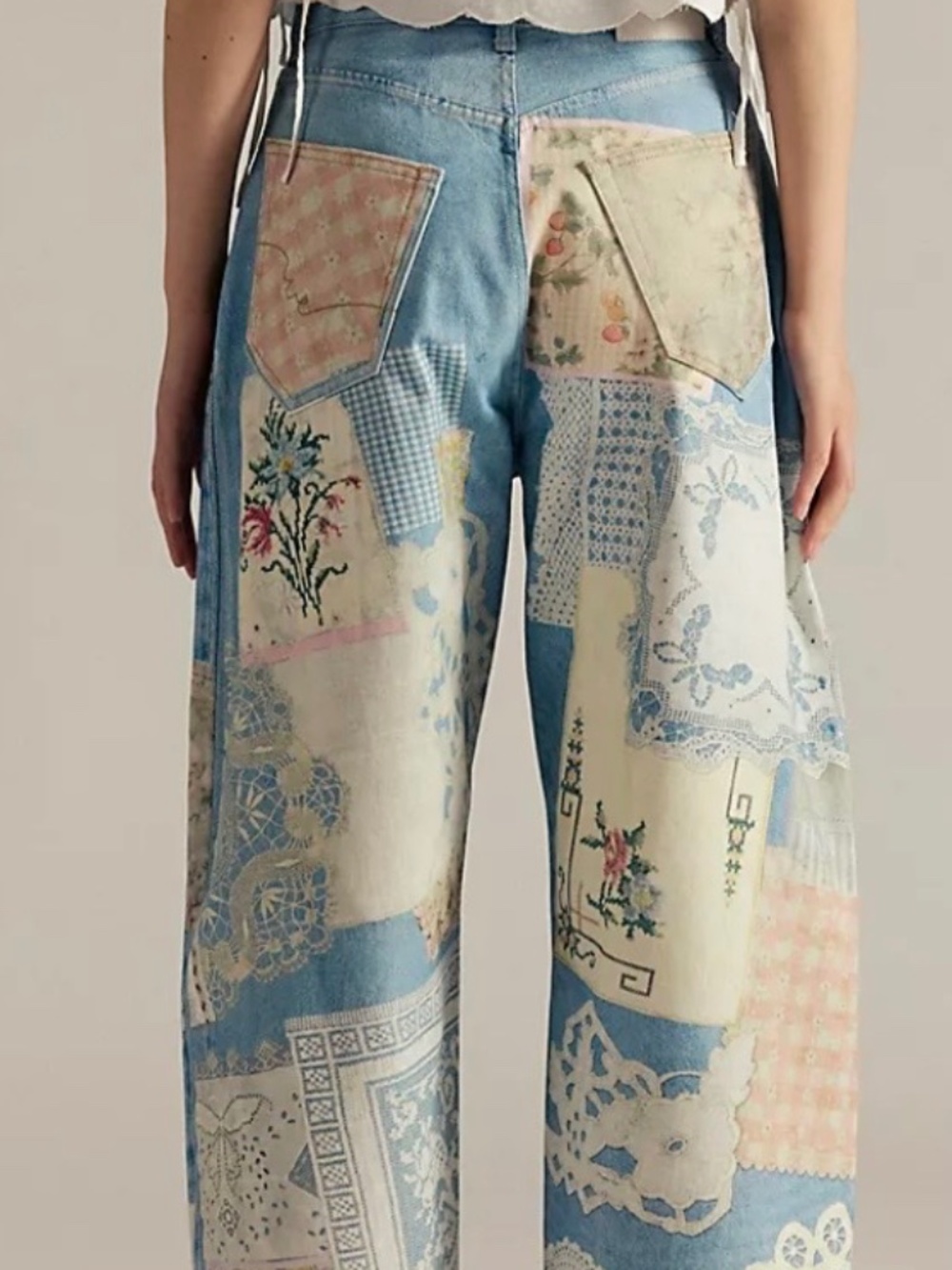 Free People Patchwork High-Rise Wide-Leg Jeans in Light Blue, Cream, Pink - Picture 2 of 10